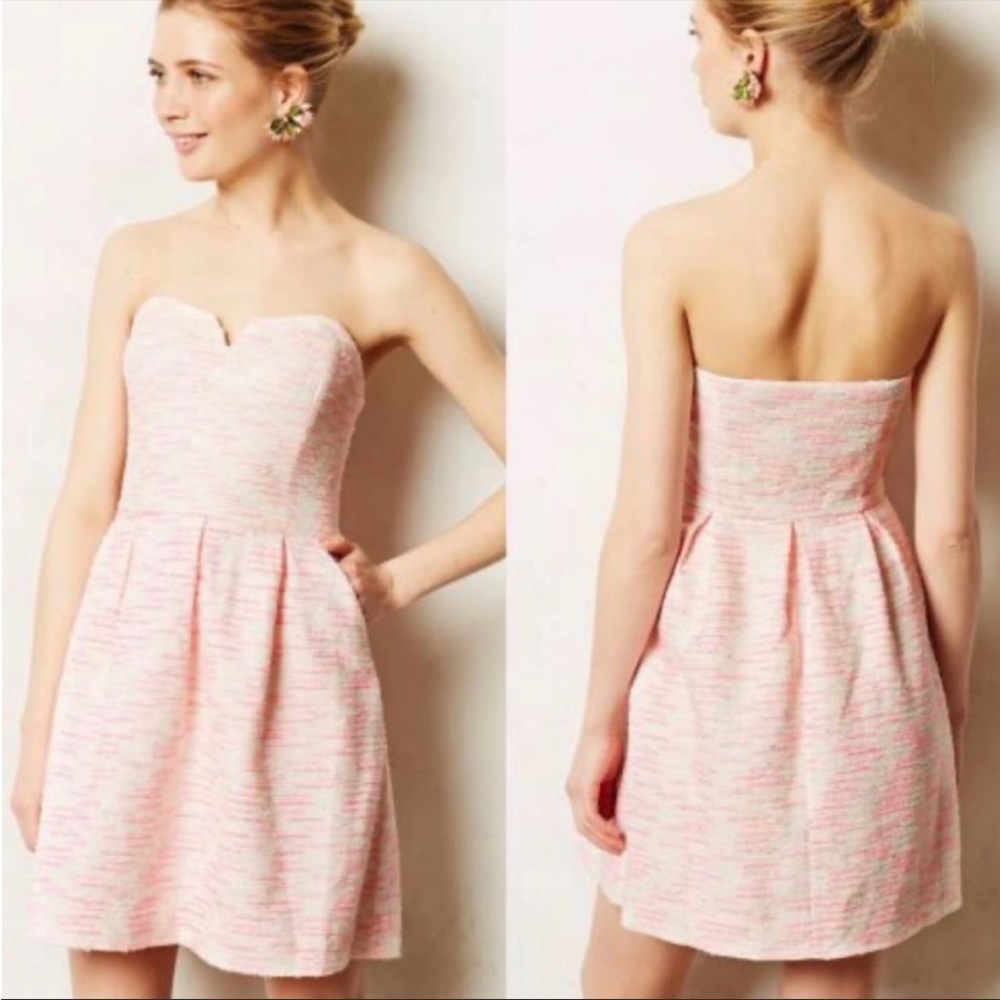 Moulinette Soeurs-Pink Tweed Pockets Strapless Formal Dress-8